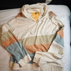 Faherty Women's Striped Cowl Neck Hoodie in Cream, Tan, and Blue